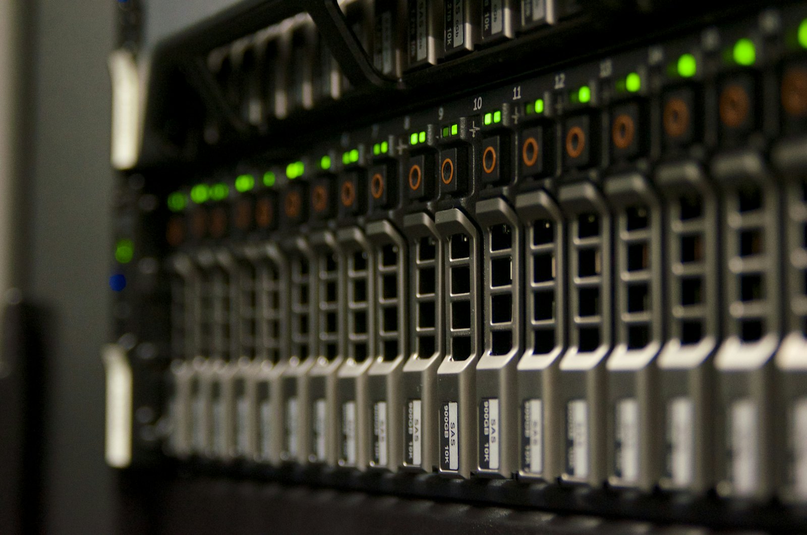 Server rack with green status lights